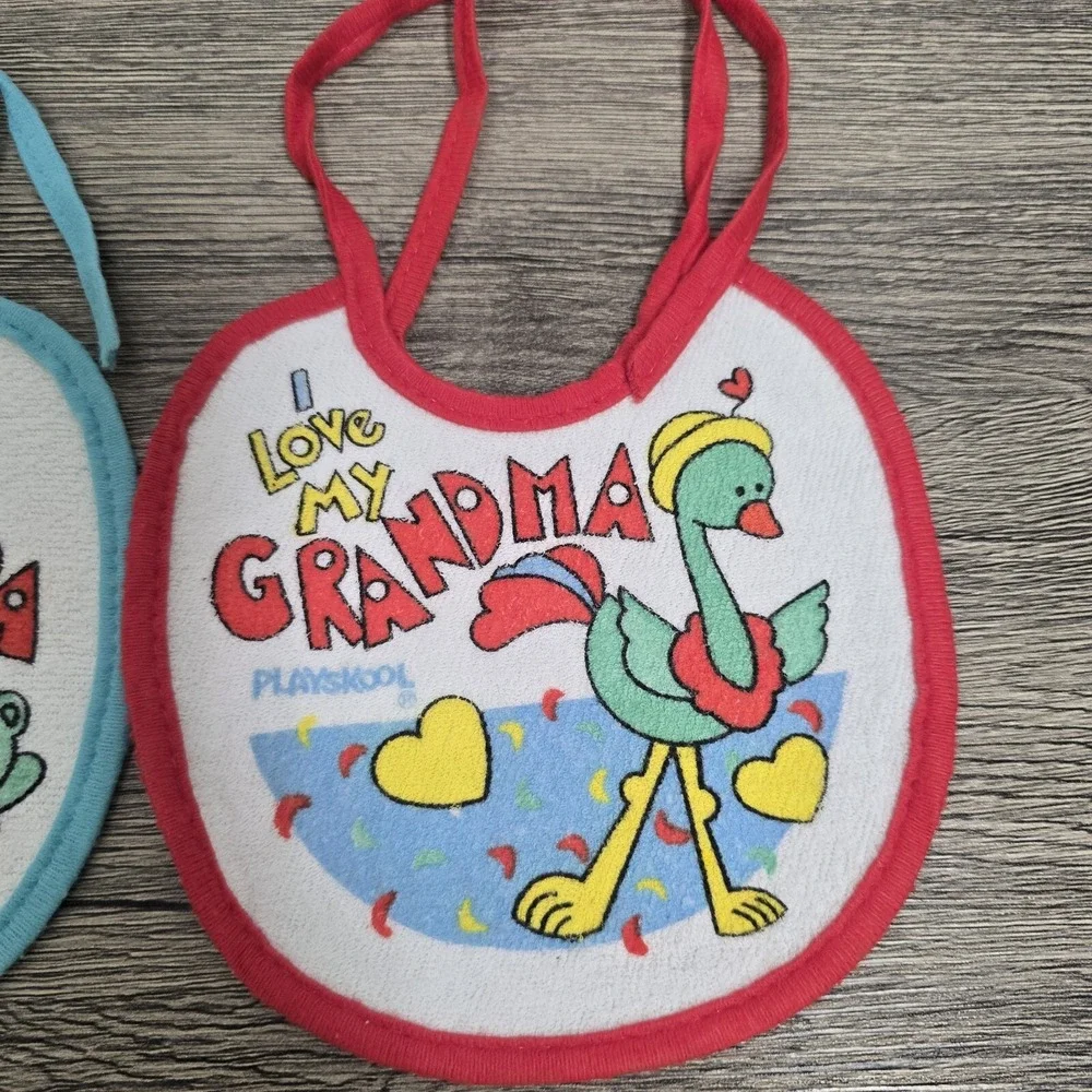 (2) Playskool Baby Bib I Love My Grandma Bird Heart‎ Vintage Flamingo Bears Lion